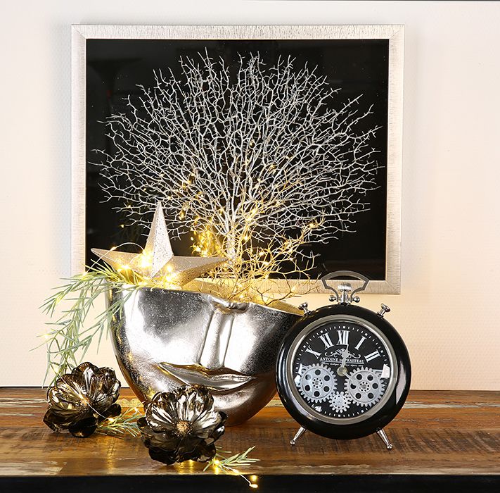 Handgefertigtes Wandobjekt "Lebensbaum" aus Holz und Glas - Schwarz-Silberner Rahmen, Silberner Baum auf Schwarzem Hintergrund - Gilde