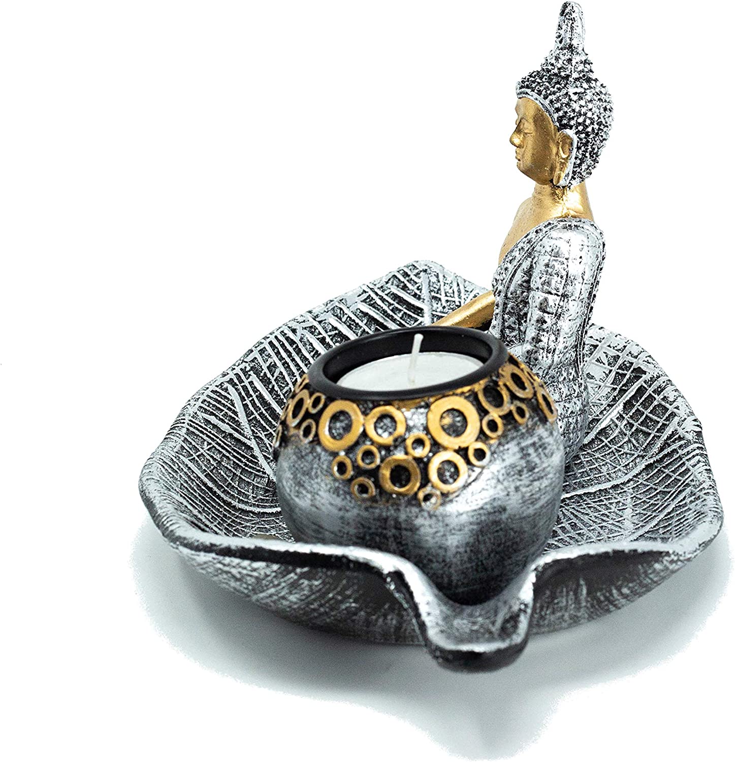 Buddha Deko Set Zen Harmonie mit Teelichthalter Silber Gold 25 cm