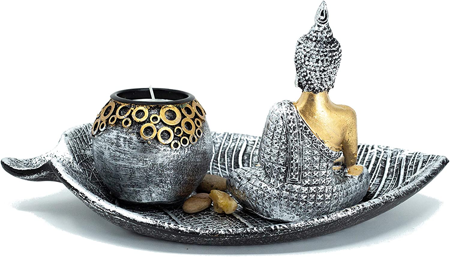 Buddha Deko Set Zen Harmonie mit Teelichthalter Silber Gold 25 cm