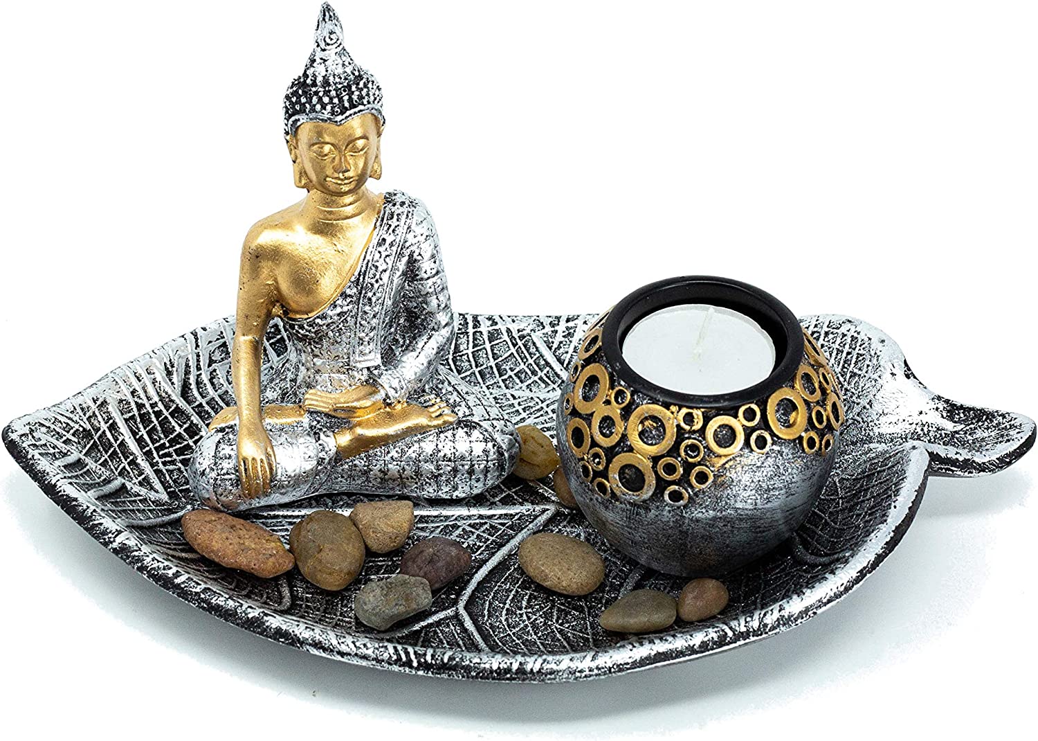 Buddha Deko Set Zen Harmonie mit Teelichthalter Silber Gold 25 cm