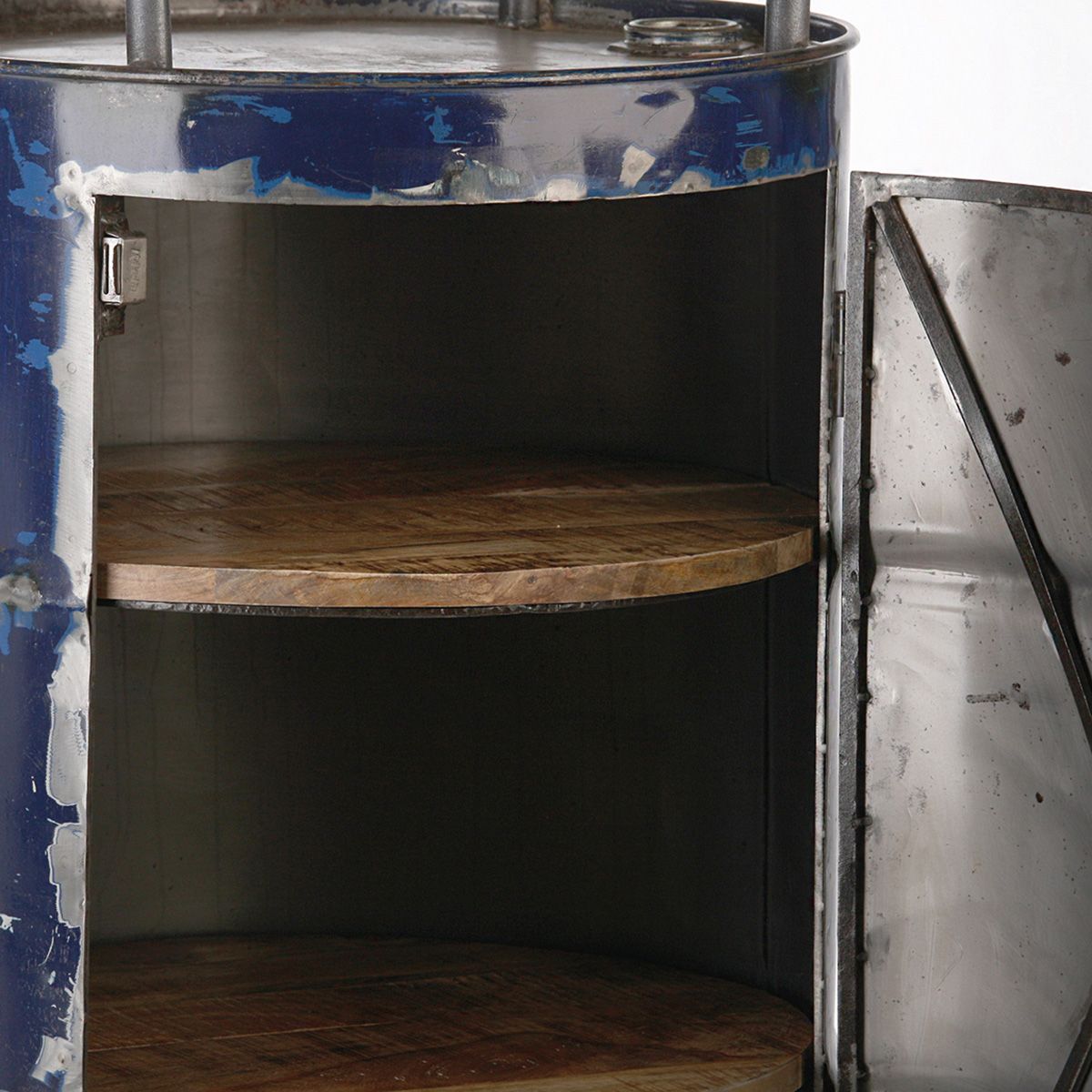 Upcycled Barrel Bar – Holz & Metall, Vintage Blau