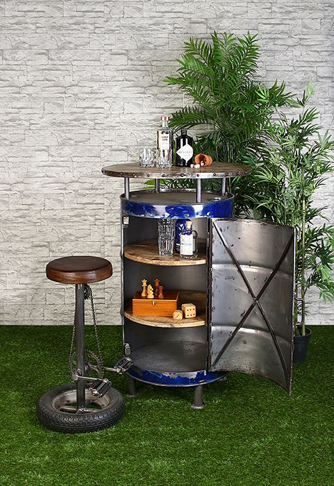 Upcycled Barrel Bar – Holz & Metall, Vintage Blau