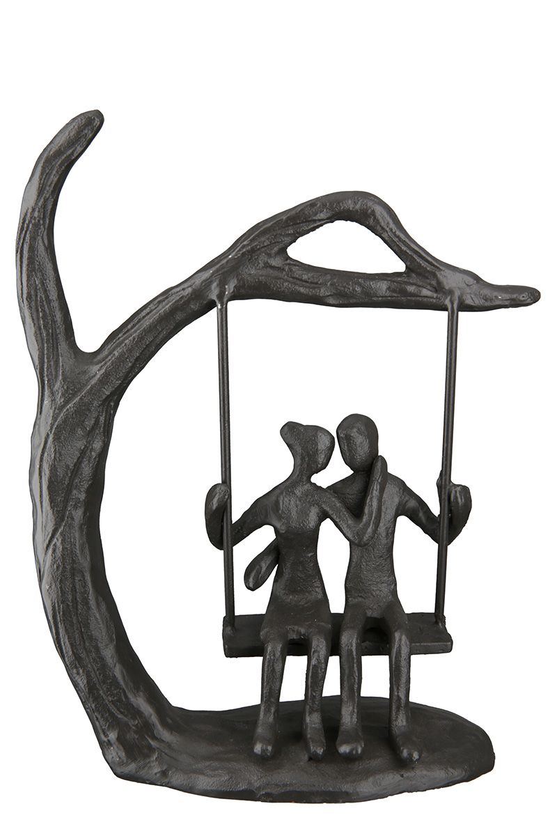 Eisen Design Skulptur LOVERS brüniert, Paar auf Schaukel am Baum mit Spruchanhänger Geschenkidee für Romantiker