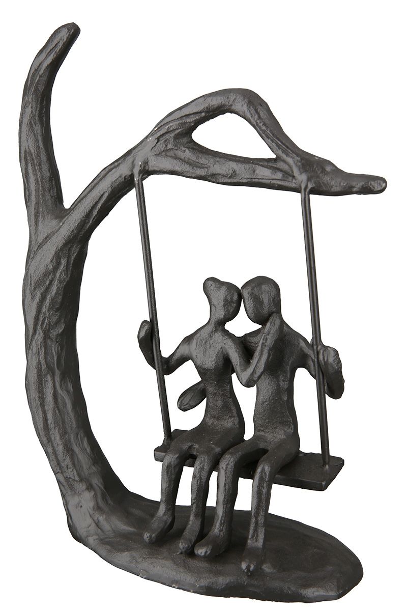 Eisen Design Skulptur LOVERS brüniert, Paar auf Schaukel am Baum mit Spruchanhänger Geschenkidee für Romantiker