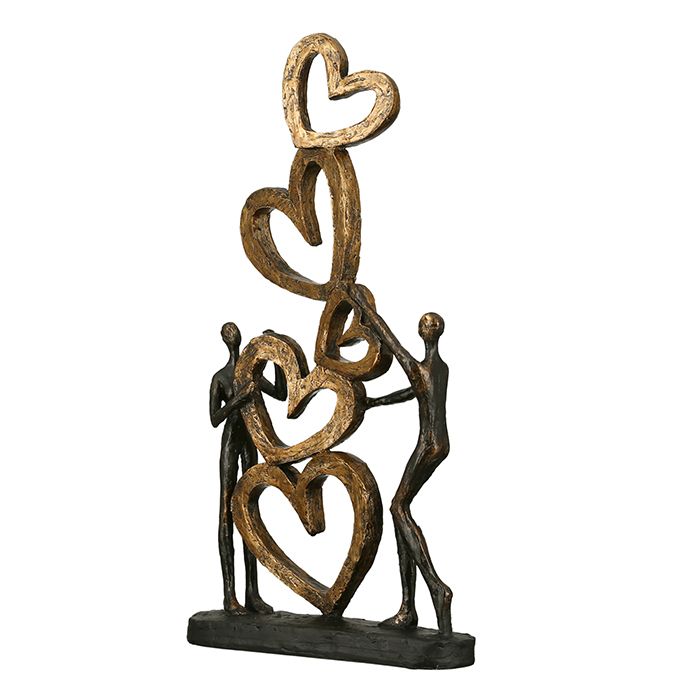 Skulptur Herz auf Herz goldfarbene Herzpyramide schwarzer Basis mit Spruchanhänger