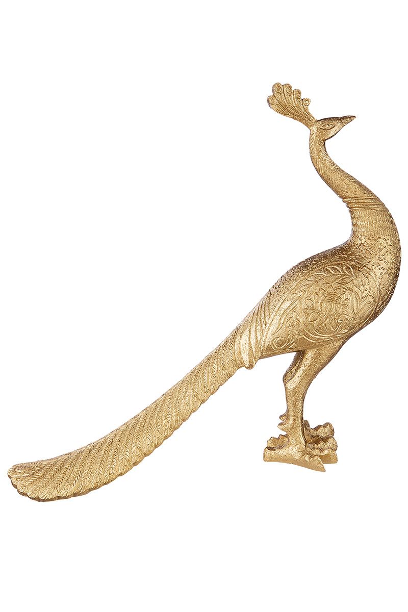 Handgefertigte goldfarbene Poly Figur 'Pfau' - Ein kunstvolles Dekorationsstück für jeden Raum