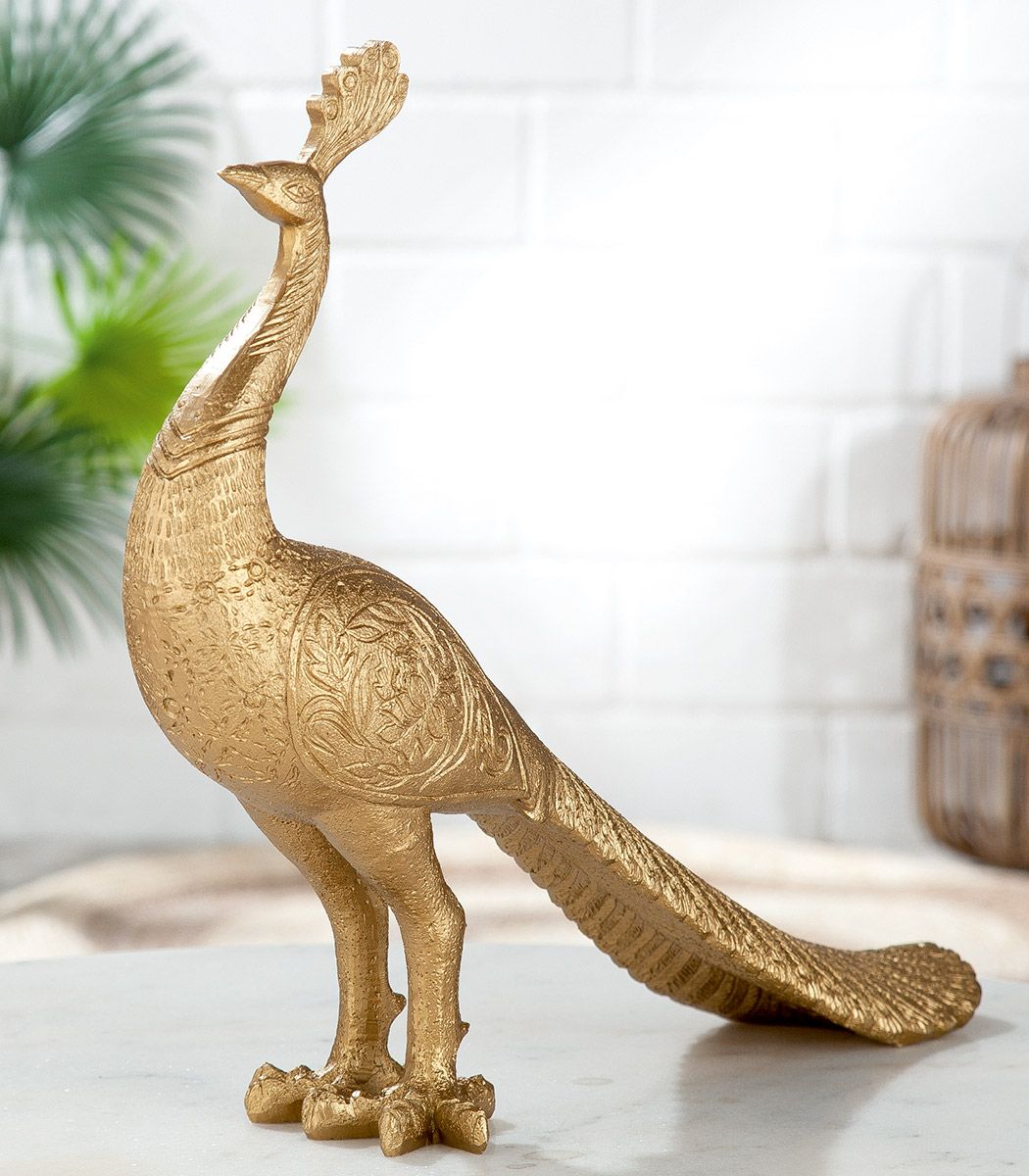 Handgefertigte goldfarbene Poly Figur 'Pfau' - Ein kunstvolles Dekorationsstück für jeden Raum