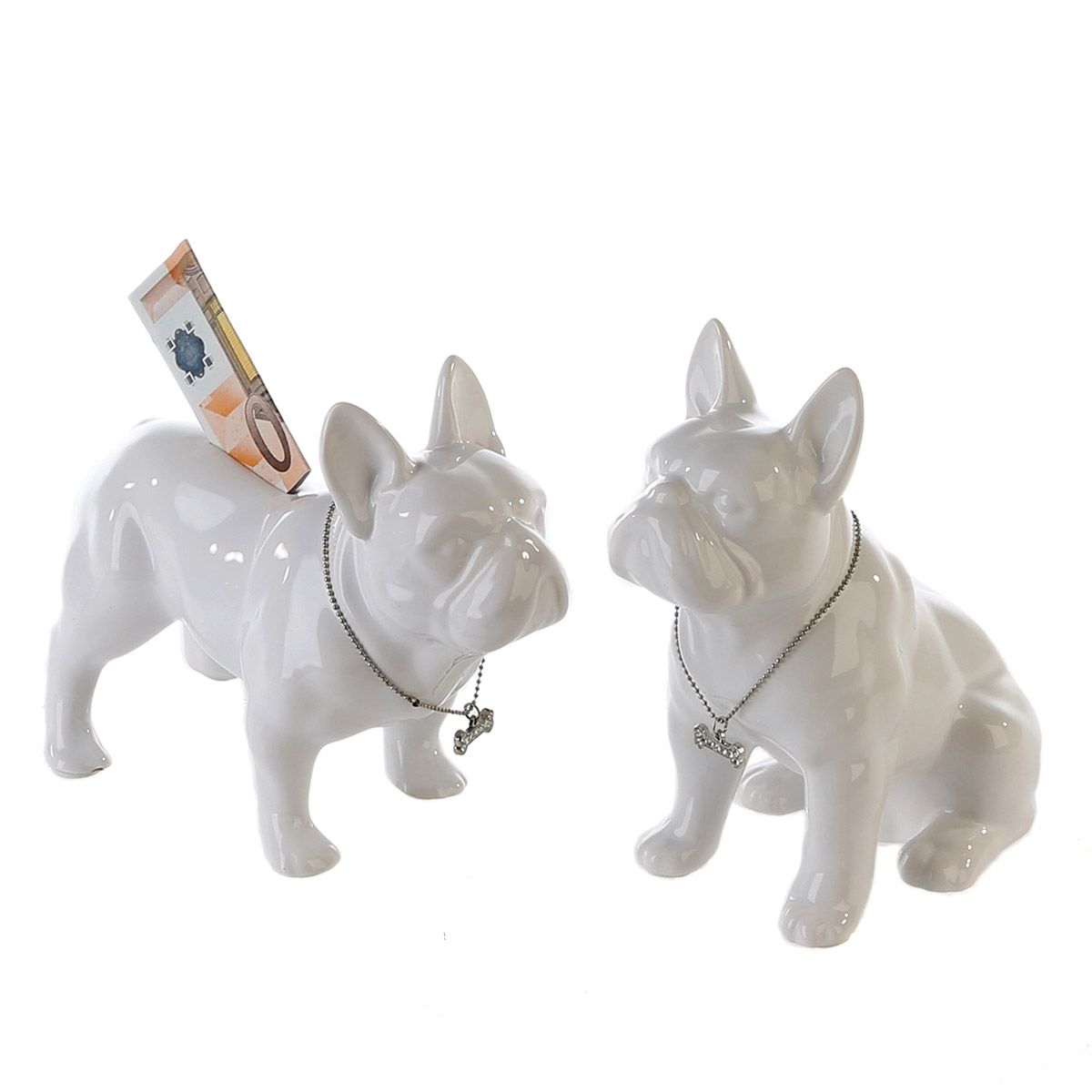 Spardose Bulli Bulldogge weiss * schwarz aus Keramik mit silbernem Halsband
