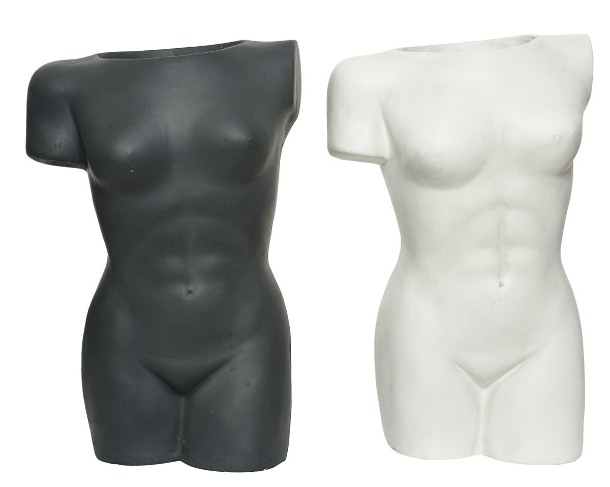 2er Set Fiberglas Pflanzgefäß Torso Frauenkörper schwarz weiß Höhe 60cm für den Außenbereich geeignet