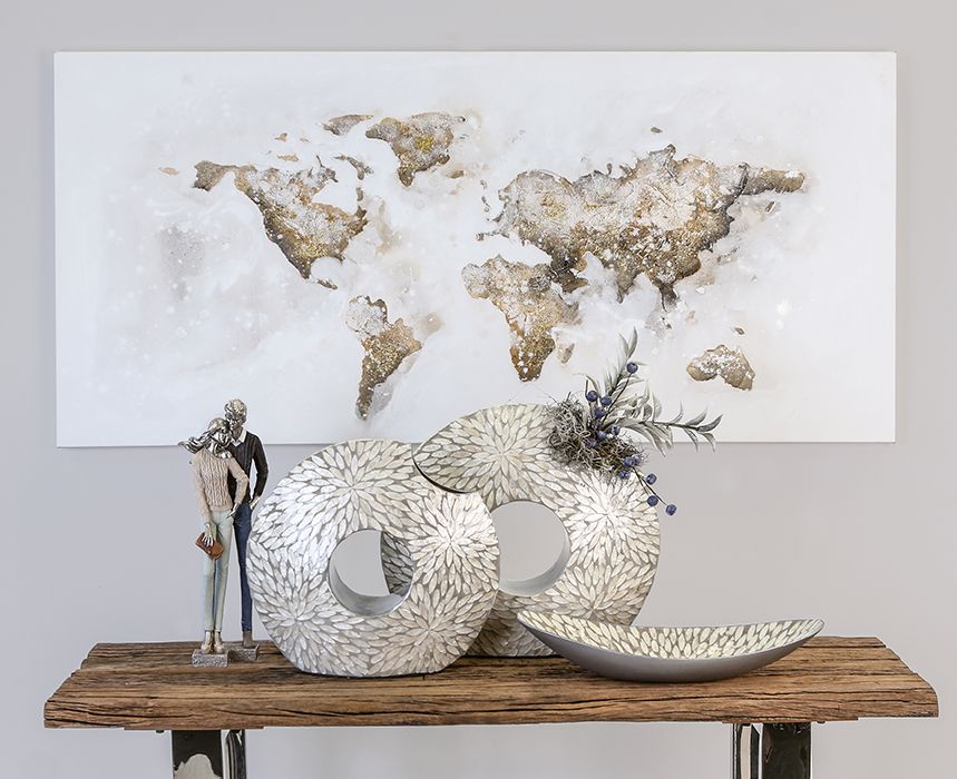 Picture world map brown/grey/white 150x70cm with silver glitter