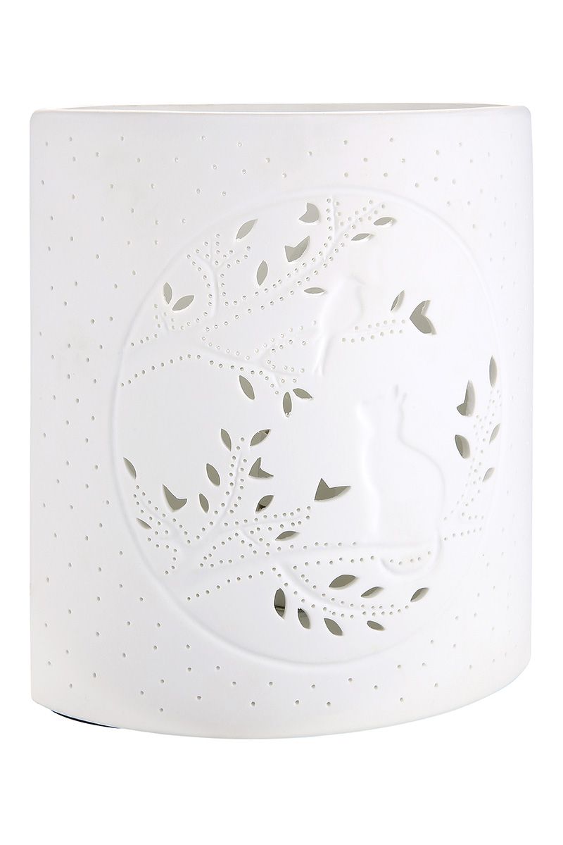 Porzell Lampe Ellipse Katze mit Vogel weiß einseitig geprickelt 20cm