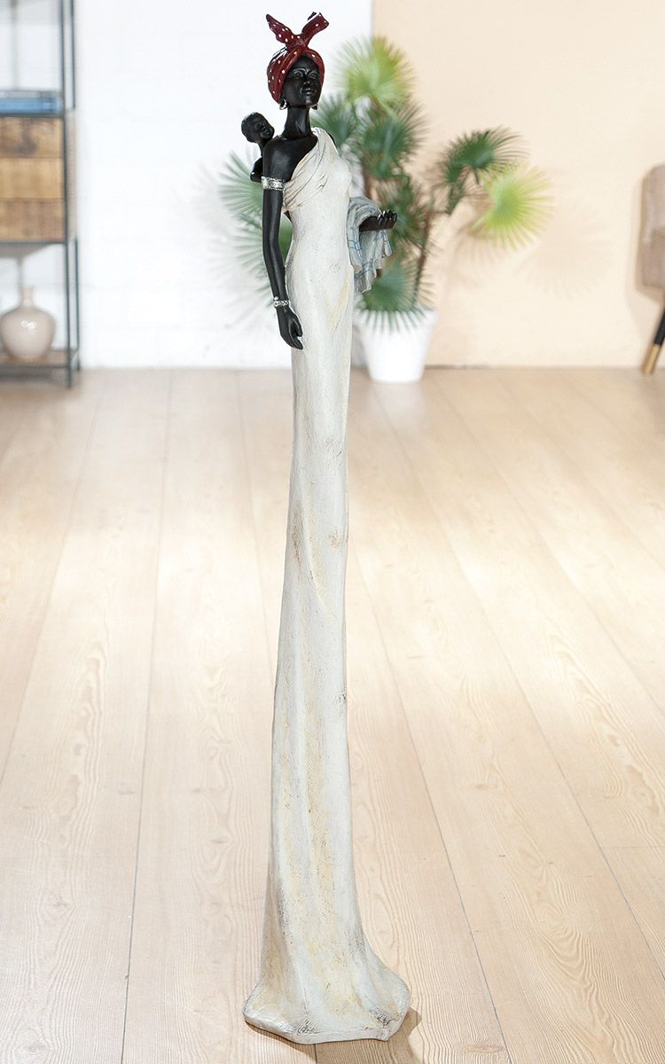 XXL Poly Figur Afrikanerin Tortuga weiß/creme/dunkelbraun mit Kind und Tuch Höhe 104cm