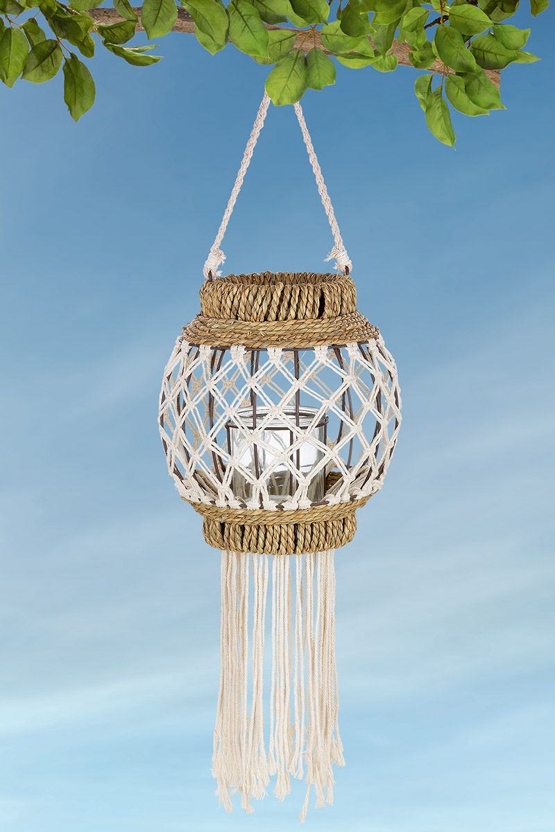 Deco lantern "Bossa" with macramé mesh and glass insert