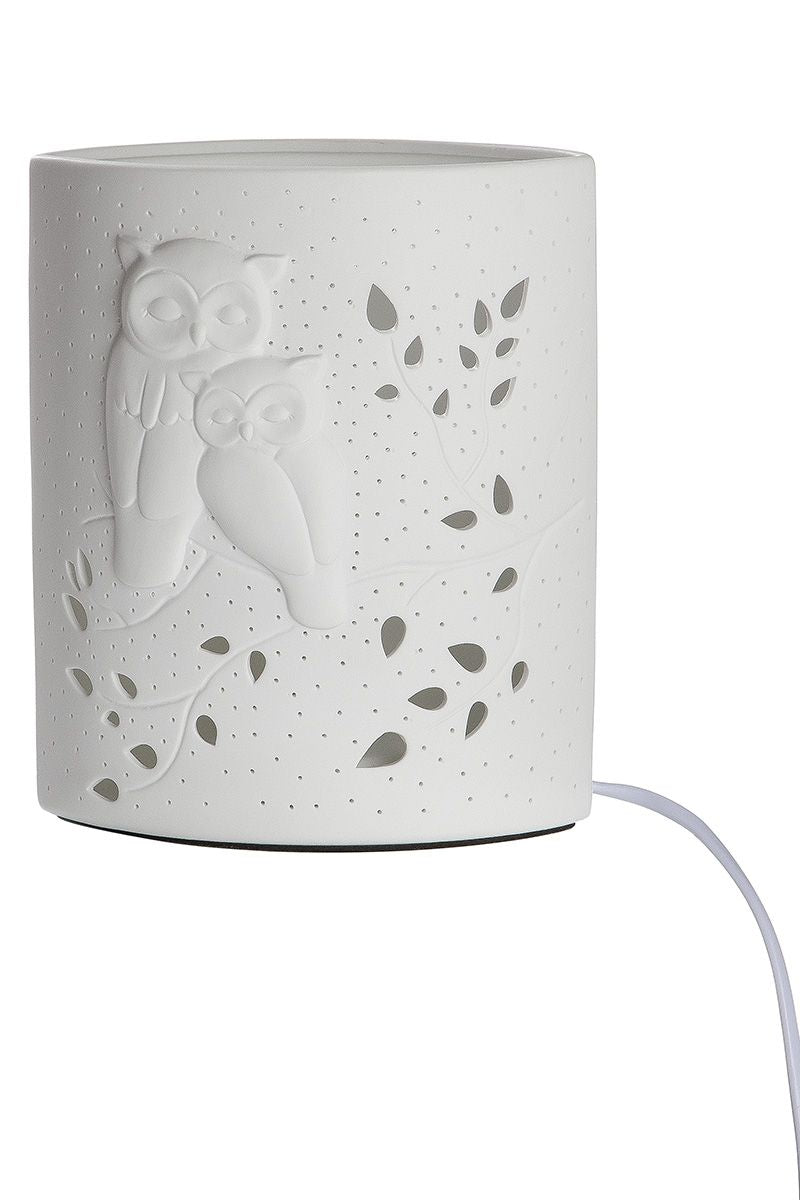 Porzell Lampe Ellipse Eulenpaar weiß Höhe 20cm