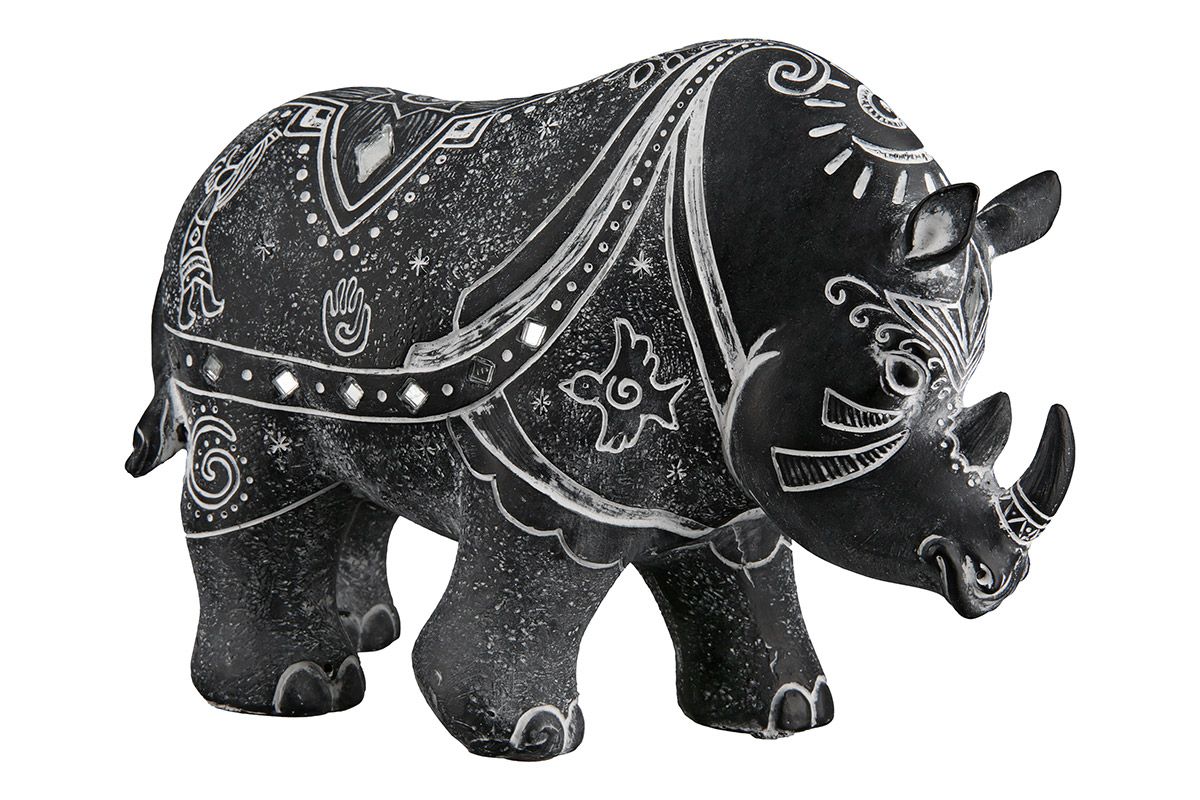 2er Set Poly Nashorn Simbo schwarz/grau mit weißen Symbolen und Spiegelplättchen Höhe 16cm