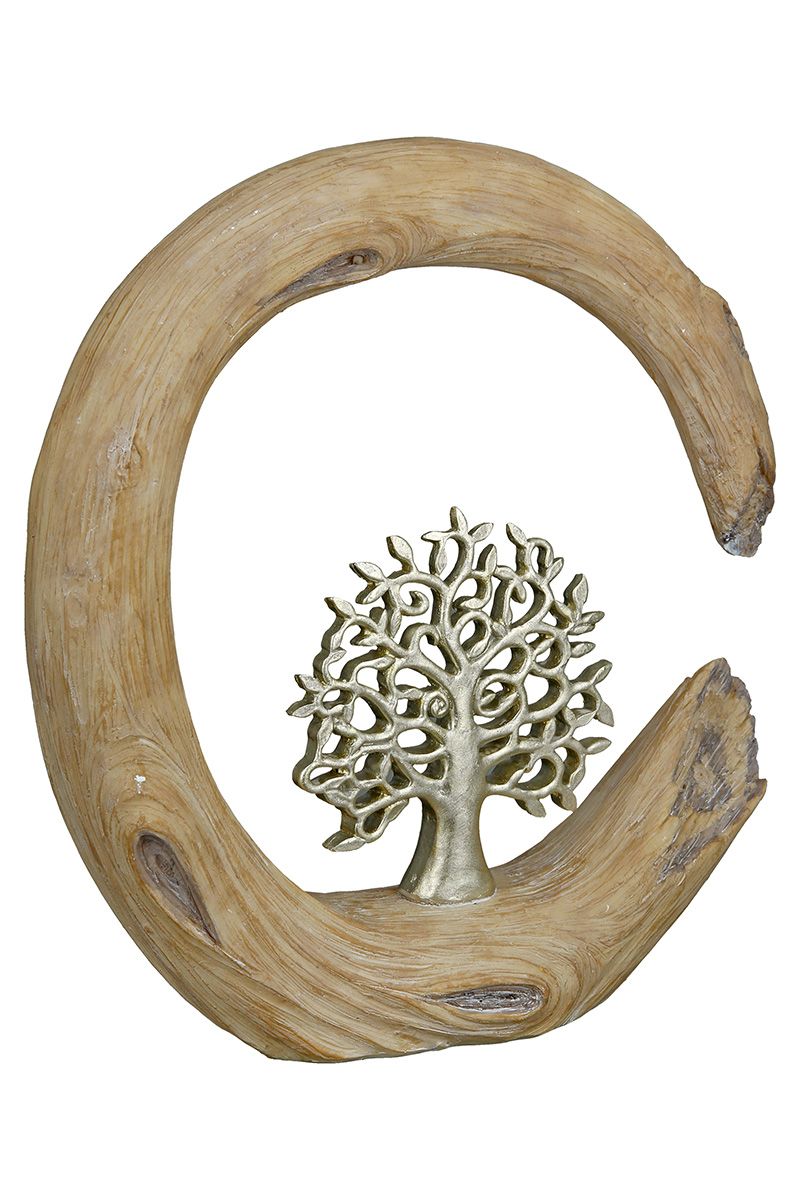 2er Set Skulptur Baum naturfarben in Holzoptik Lebensbaum silberfarben