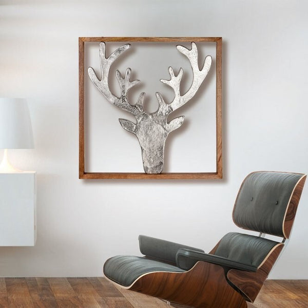 MF Holz Rahmen 60cm XXL „Hirsch“ aus Mangoholz Dekoration Wanddeko 3D Wandbild Moderne Kunst Waldhütte Winter