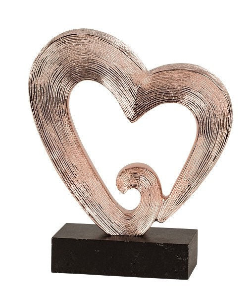 Herz in Kupfer - Elegante Skulptur auf Schwarzem Sockel, Zeitlos Romantisches Dekor