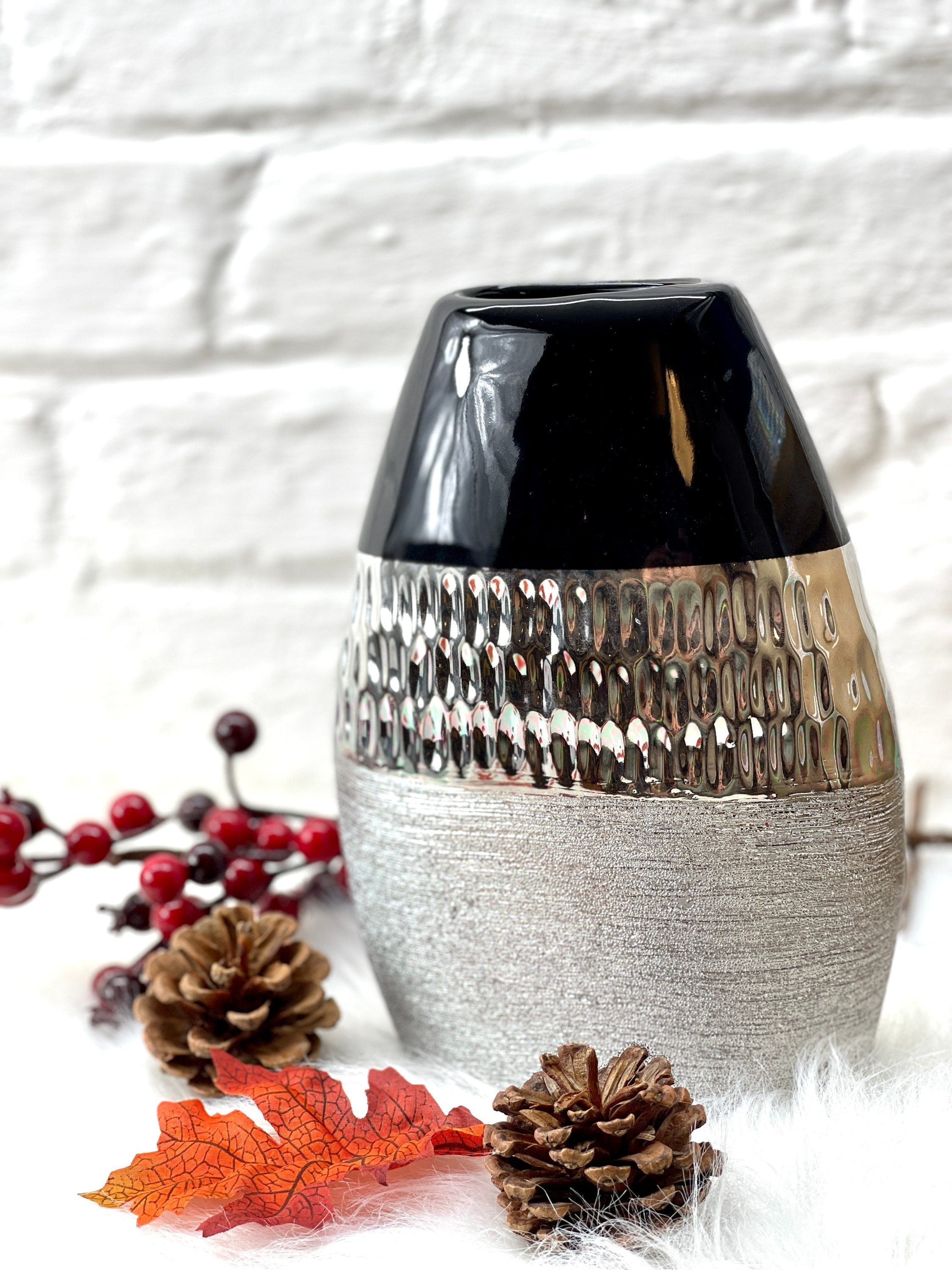 Trendig Moderne Dekovase aus Keramik anthrazit silber Blumenvase Vase 21cm höhe