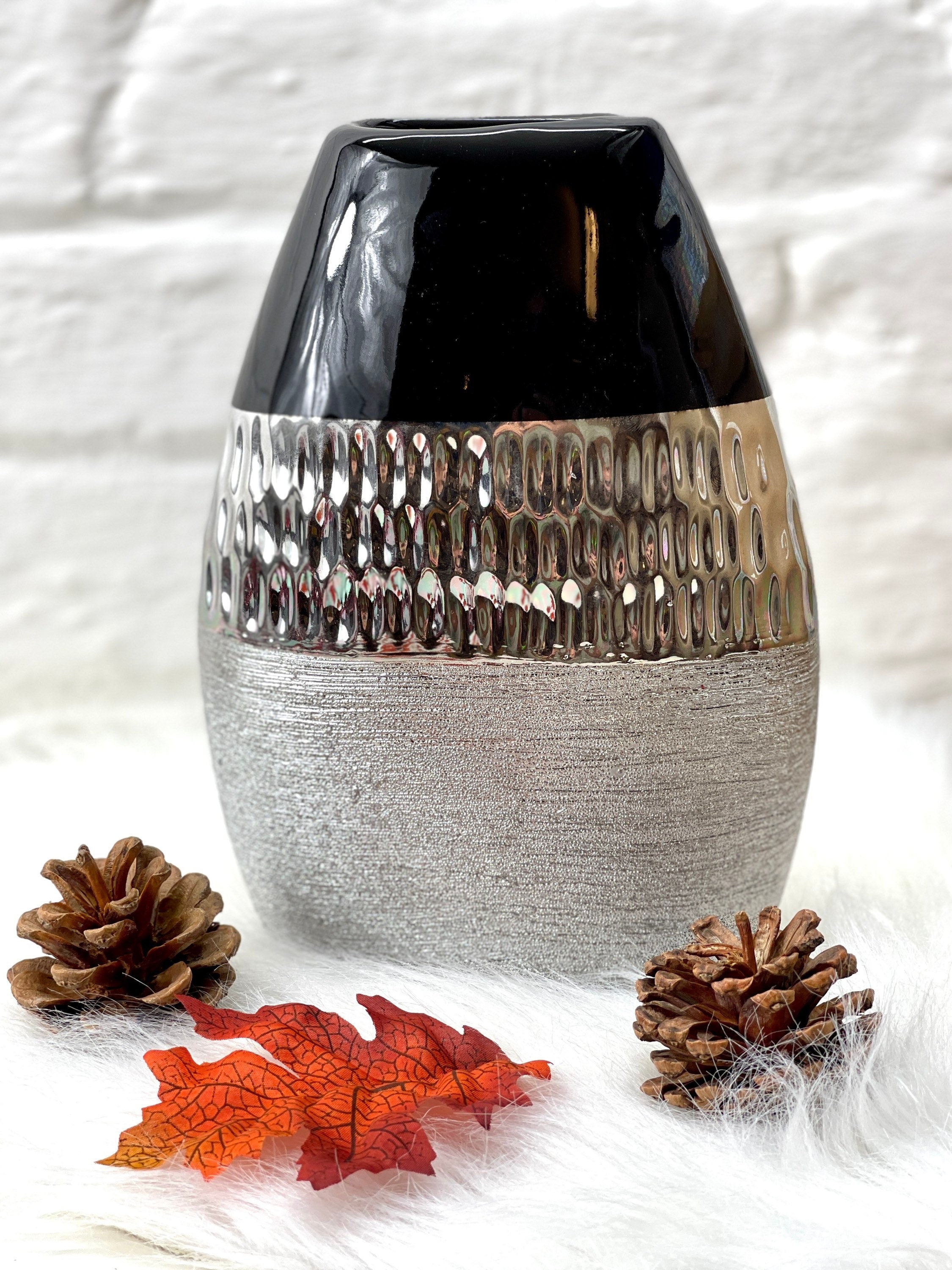 Trendig Moderne Dekovase aus Keramik anthrazit silber Blumenvase Vase 21cm höhe