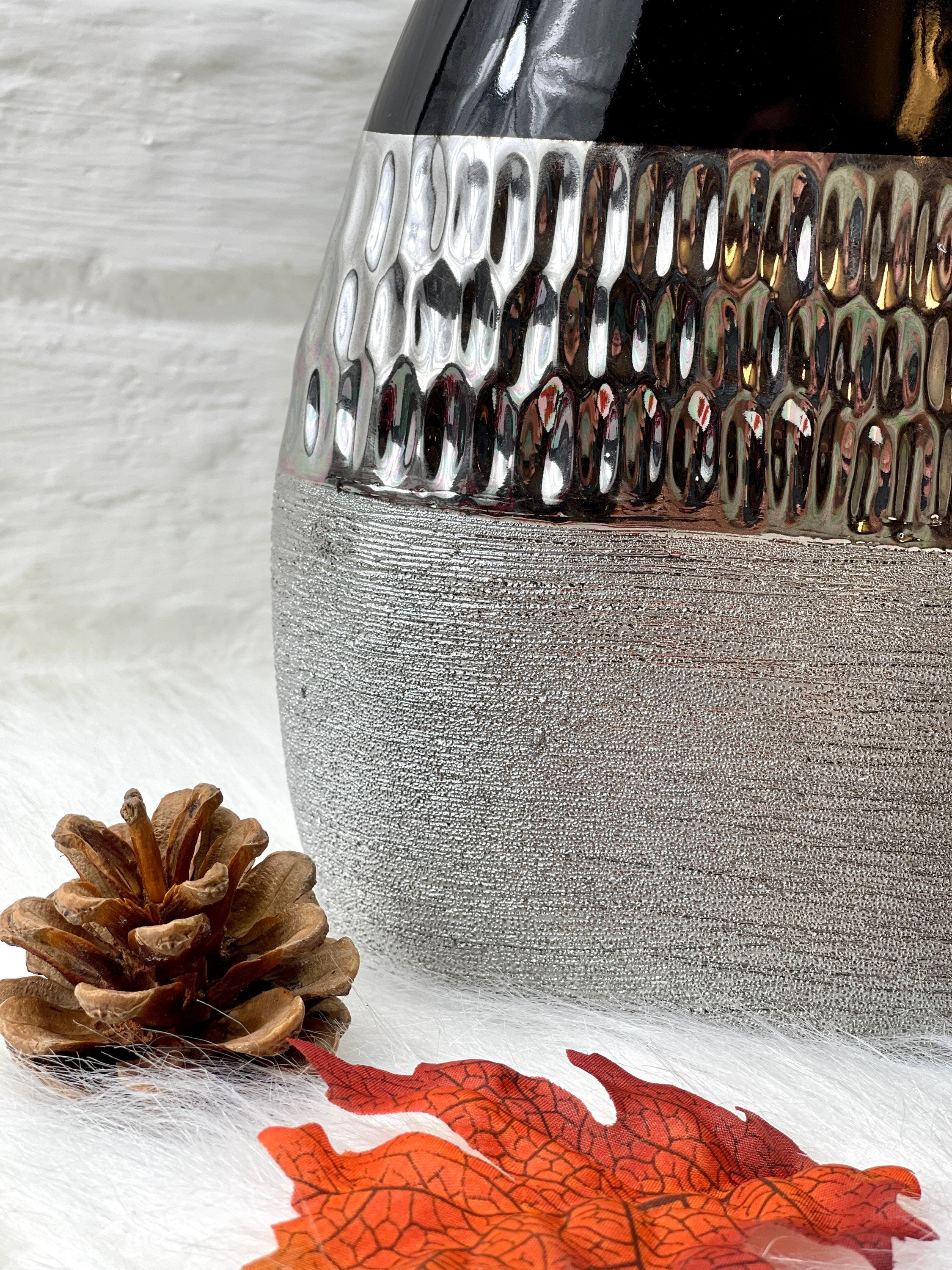 Trendig Moderne Dekovase aus Keramik anthrazit silber Blumenvase Vase 21cm höhe