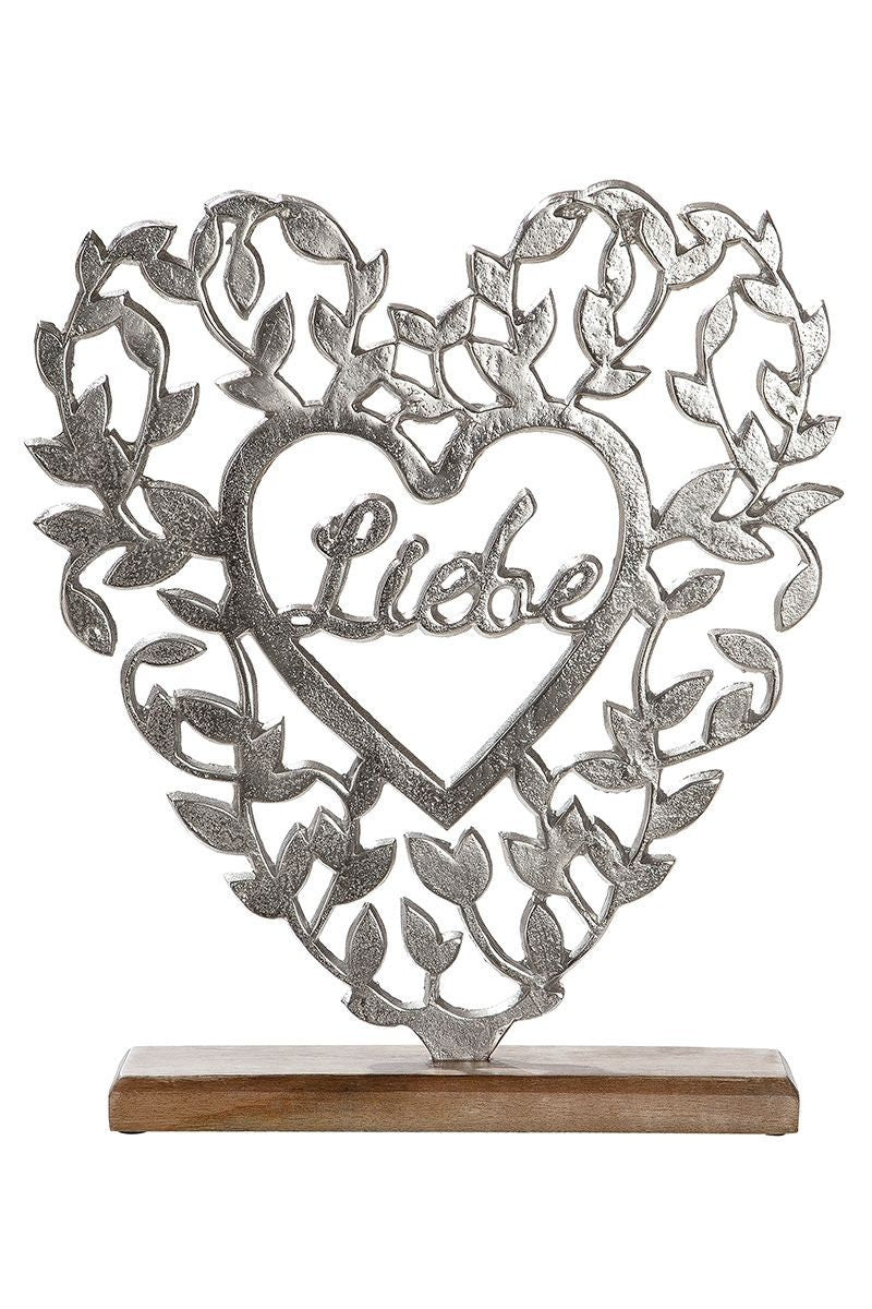 Romantiker Geschenkidee XXL Herz Liebe silberfarben Base aus echtem Mangoholz 42cm Hoch Verliebt Herzen Verlobt Geschenk Liebespaar