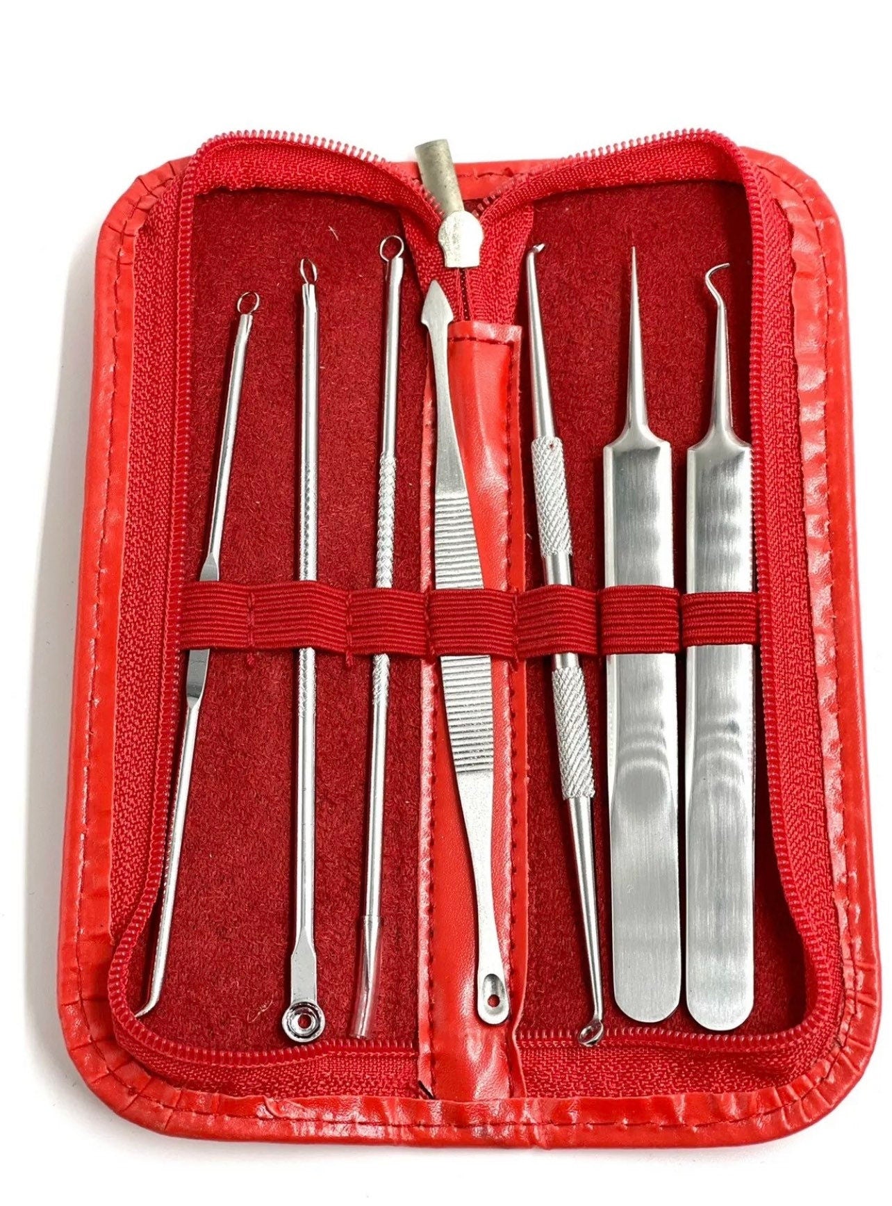 Blackhead remover pimple squeeze tool made of stainless steel 7 parts red or black