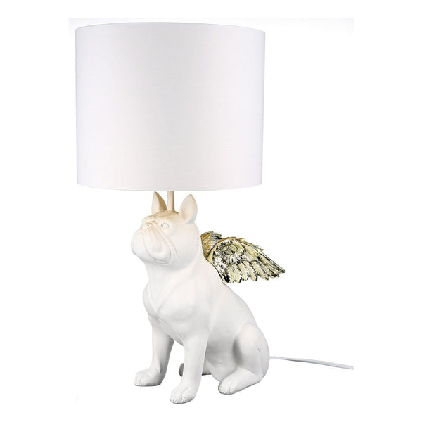 Der HINGUCKER 👍 – Stylische Bulldogge Tischlampe mit Goldfarbenen Flügeln und Weißem Lampenschirm, H55 x D26 cm, E27, max. 60W