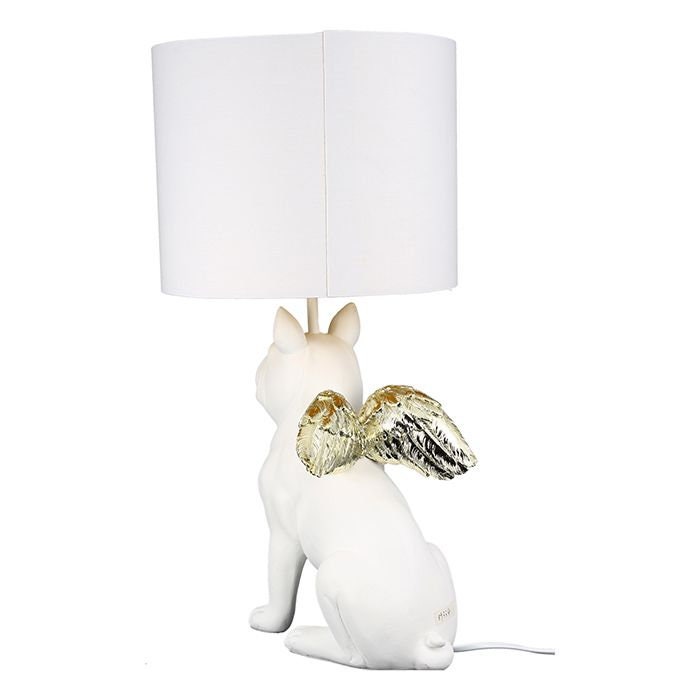 Der HINGUCKER 👍 – Stylische Bulldogge Tischlampe mit Goldfarbenen Flügeln und Weißem Lampenschirm, H55 x D26 cm, E27, max. 60W