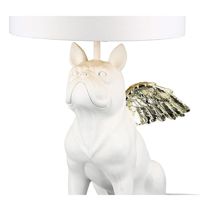 Der HINGUCKER 👍 – Stylische Bulldogge Tischlampe mit Goldfarbenen Flügeln und Weißem Lampenschirm, H55 x D26 cm, E27, max. 60W