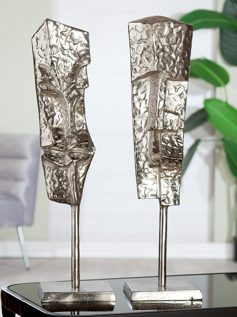 Handgefertigte Aluminium Skulptur Face im 2er Set, Glänzendes Silberfinish