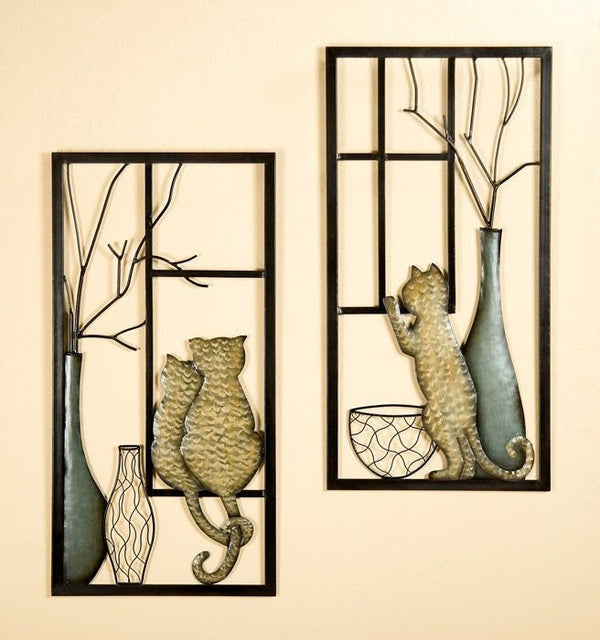 2tlg. Wandbild-Set "Katze Vase" - Handgefertigte Metall-Kunst von GILDE für ein gemütliches Zuhause