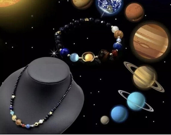 2er Set Set Armband und Halskette Galaxie alle Planeten Sonnensystem Planet Universum Astrologie Handgemacht