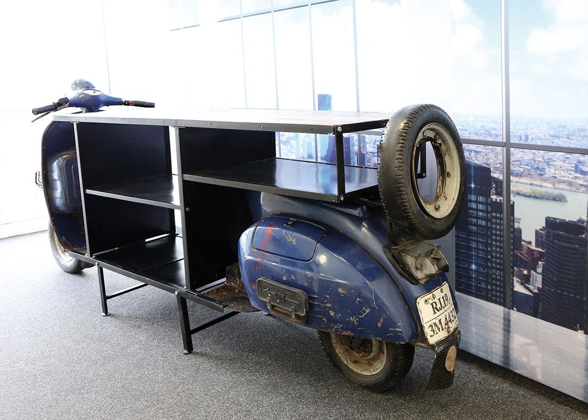 Deko Kommode mit 3 Böden Moped Rollerbar Metall Mangoholz Länge 260cm