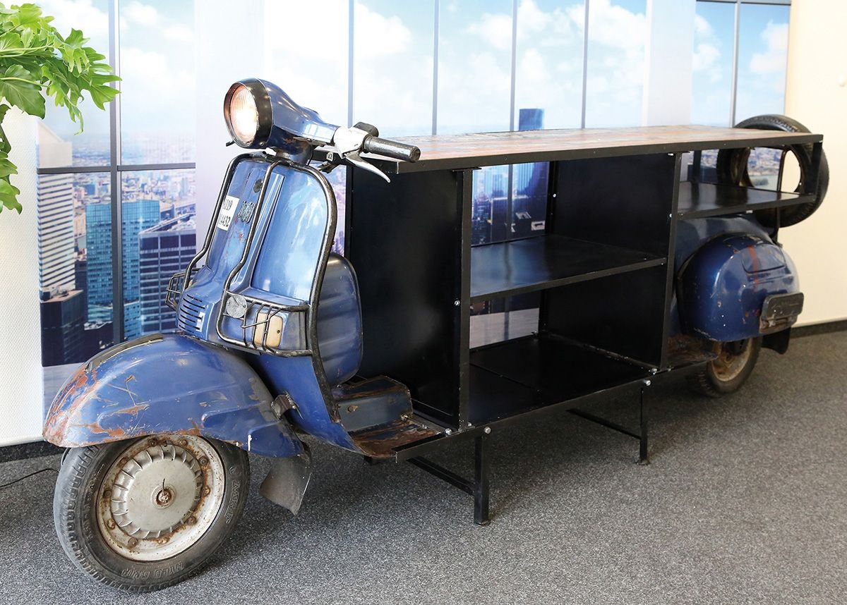 Deko Kommode mit 3 Böden Moped Rollerbar Metall Mangoholz Länge 260cm