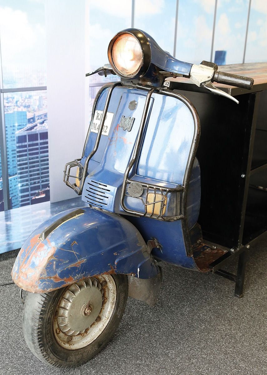 Deko Kommode mit 3 Böden Moped Rollerbar Metall Mangoholz Länge 260cm