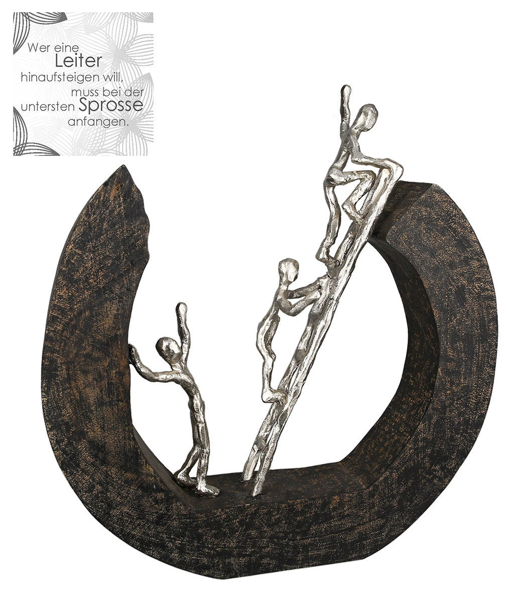 Figur Skulptur " Hinauf zum ZIEL " Freunde Mangoholz, Figuren aus Aluminium Geschenk Dekoration 32cm mit Spruchanhänger