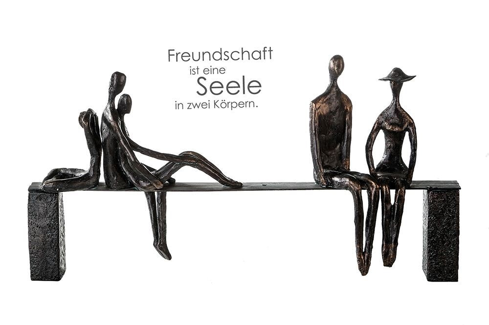 Skulptur "Freizeit" bronzefarbende Figuren auf einer Bank mit Spruchanhänger aus Poly / Metall Geschenkidee