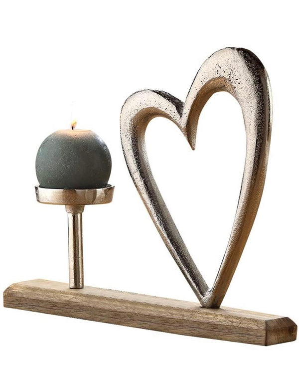 Alu Mangoholz Teelichthalter Herz Stand-Deko mit Kerzenhalter silber/natur Breite 33cm Handgefertigt