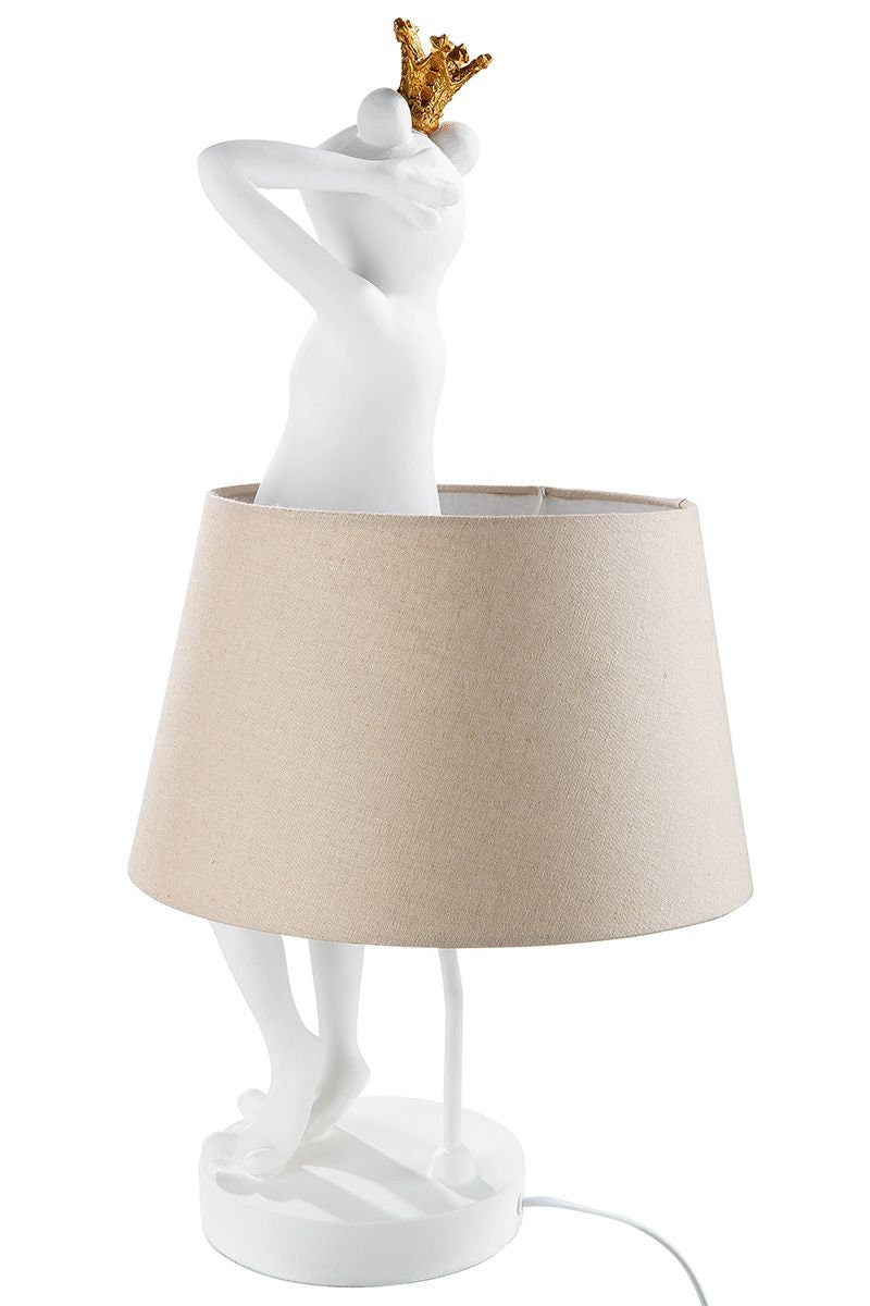 LED Tischlampe "Froschkönig" - Matt Weiß mit Beigem Lampenschirm