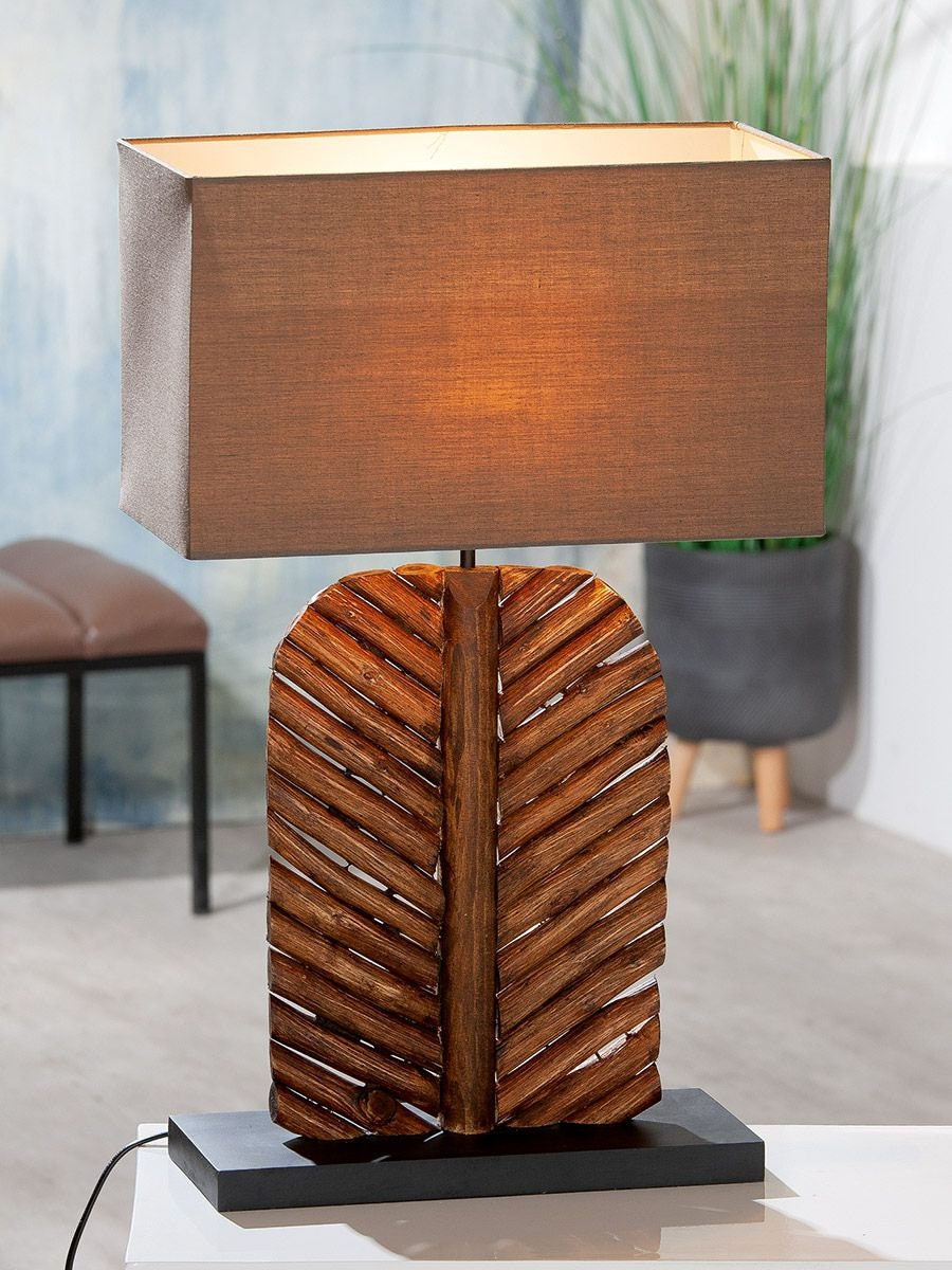 Holz Lampe Foglia braun Schirm braun-grau, auf schwarzer Base Handgefertigt Höhe 63cm