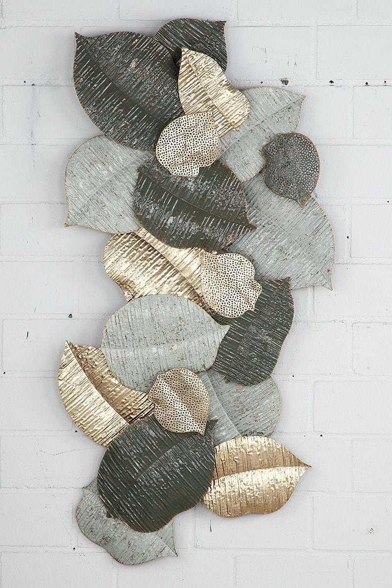 3D XXL Wanddeko Blätterregen Wandschmuck Höhe 113cm Blätter dunkelgrün hellgrün goldfarben