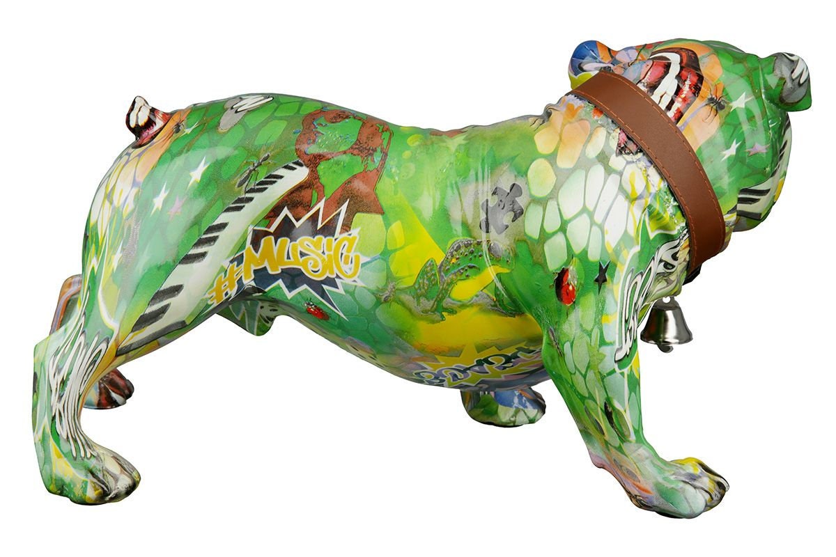 Farbenfrohe Poly Mops "Street Art" Skulptur in Grün und Gelb, Stellend, mit Halsband und Glocke