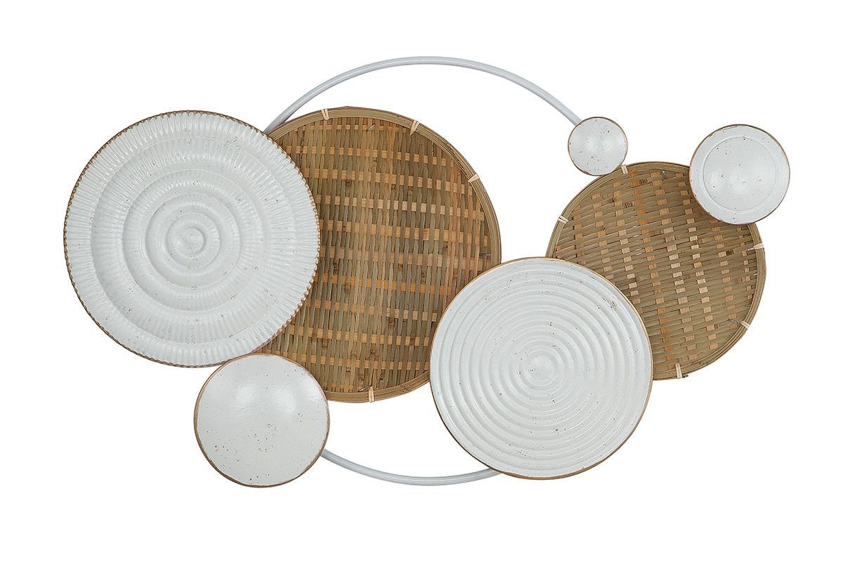 3D Metall Wandrelief Zalvador Wanddeko matt weiß goldfarben Naturgeflecht