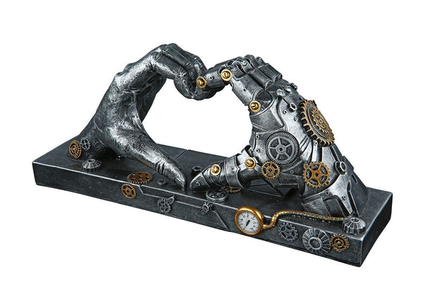 Steampunk Hand Skulptur in Herzform - Antik Silber mit Kupferakzenten