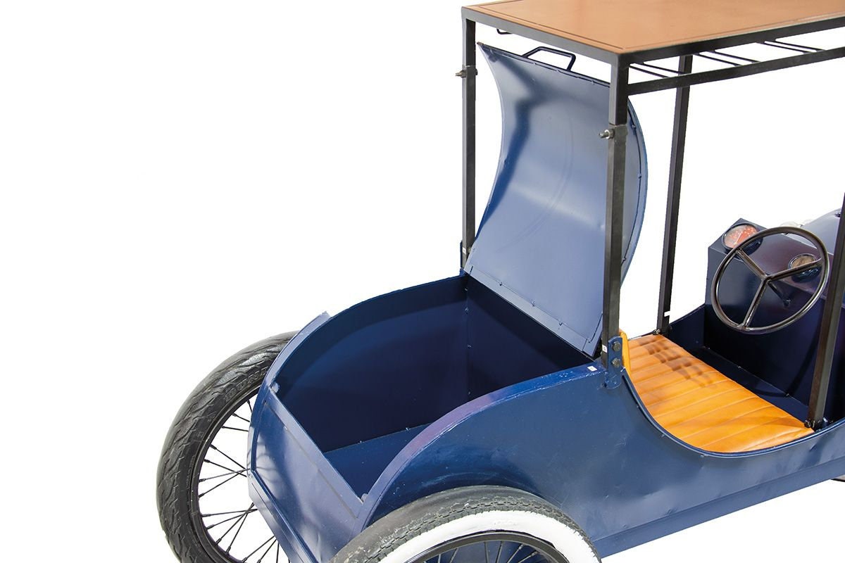 Metall Deko Oldtimer Rolcing mMetall Oldtimer "Rolcing" in blau mit Ziegenleder Sitzen - ein einzigartiges und stilvolles Weinregal mit Charme