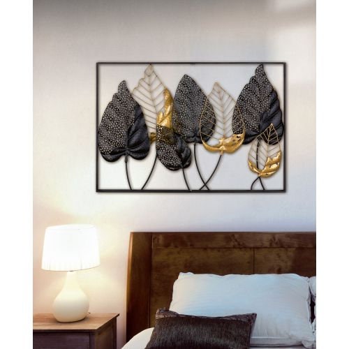 3D Wandrelief 7 Blätter "Santos" Wandschmuck Breite 95cm schwarz / gold