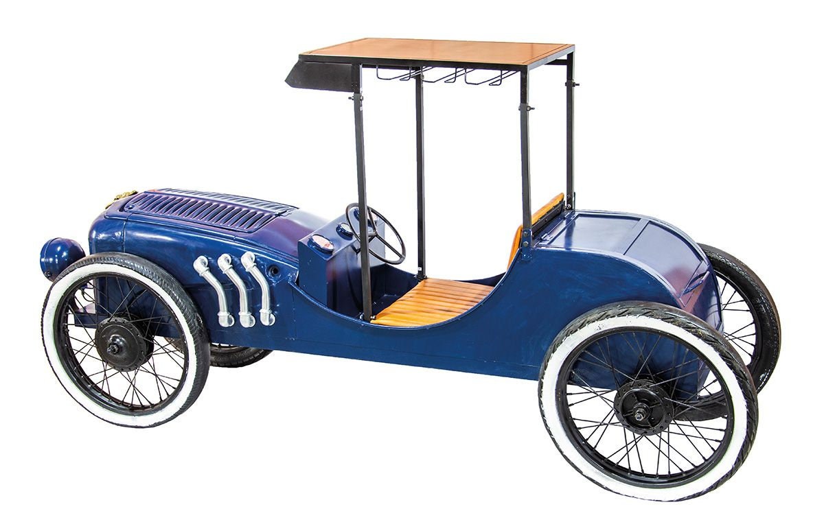 Metall Deko Oldtimer Rolcing mMetall Oldtimer "Rolcing" in blau mit Ziegenleder Sitzen - ein einzigartiges und stilvolles Weinregal mit Charme