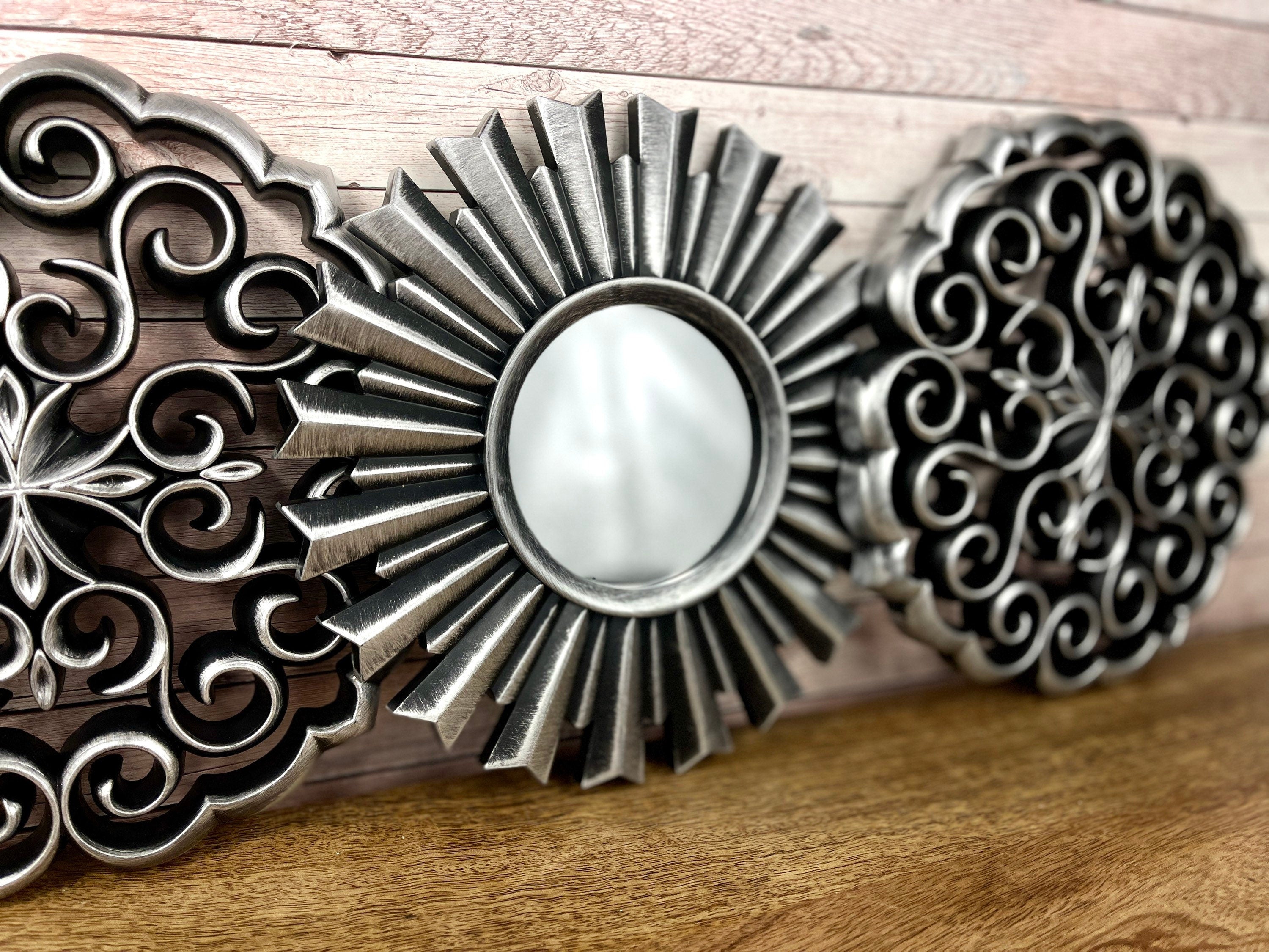 Mex 3er Set Deko Wandspiegel Ø 25 cm Spiegel Wanddeko Wandschmuck Landhaus Orientalischer Style Silbertöne