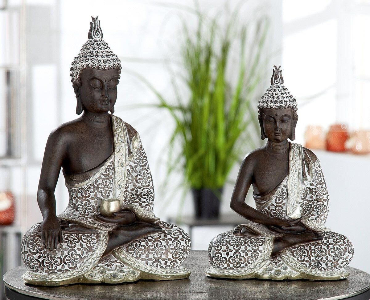 Buddha Figur sitzend MANGALA dunkelbraun weiß gewischt, mit Glasdeko 35 oder 29cm